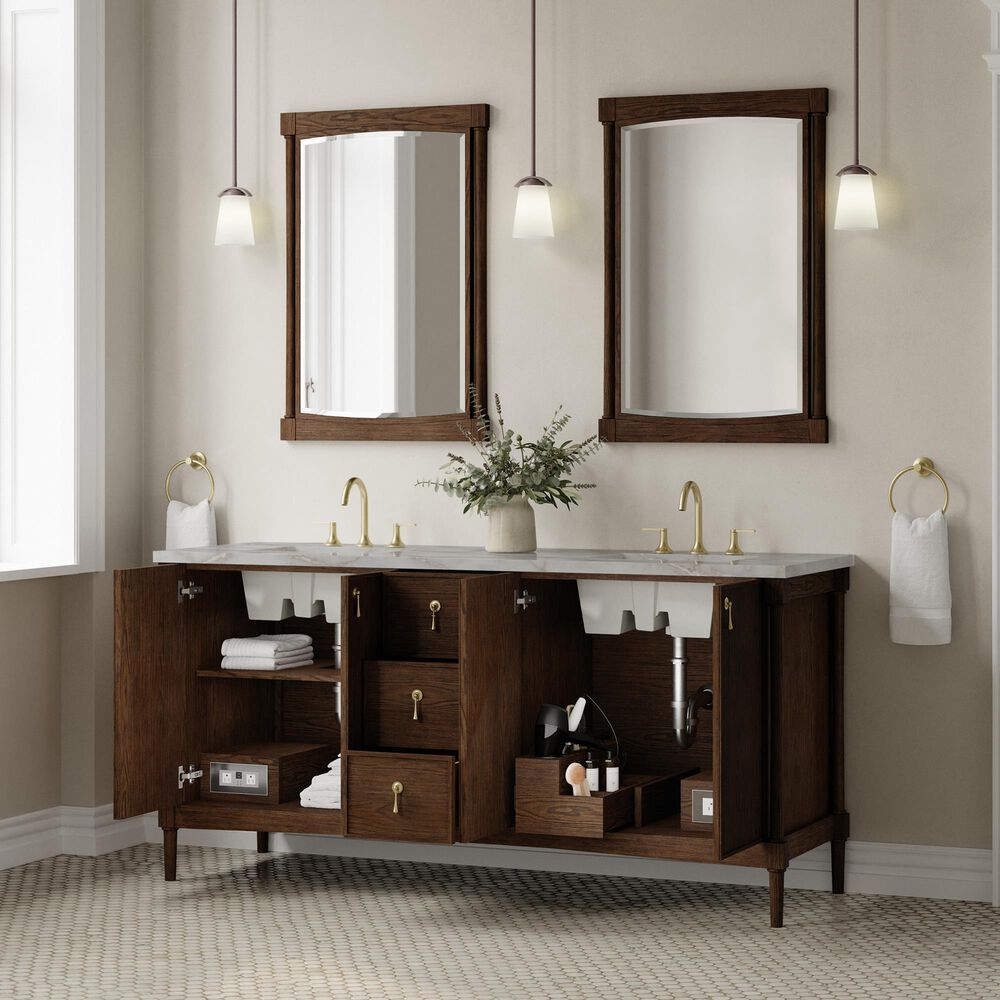 James Martin Kinnsden 72" Double Bathroom Vanity in Sable Oak with 3 cm Victorian Silver Silestone Top and Rectangular Sinks, , large