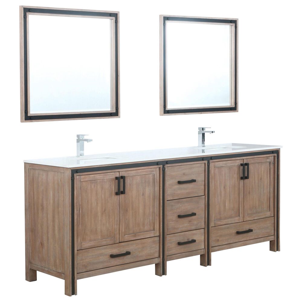 Lexora Home Ziva 84" Double Bathroom Vanity in Rustic Barnwood with White Cultured Marble Top, Rectangle Sinks, Chrome Faucets and Mirrors, , large