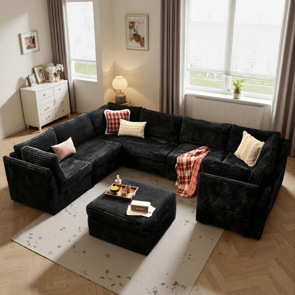 HOMLUX 8-Piece Mod U-Sectional with Chaise in Black, , large