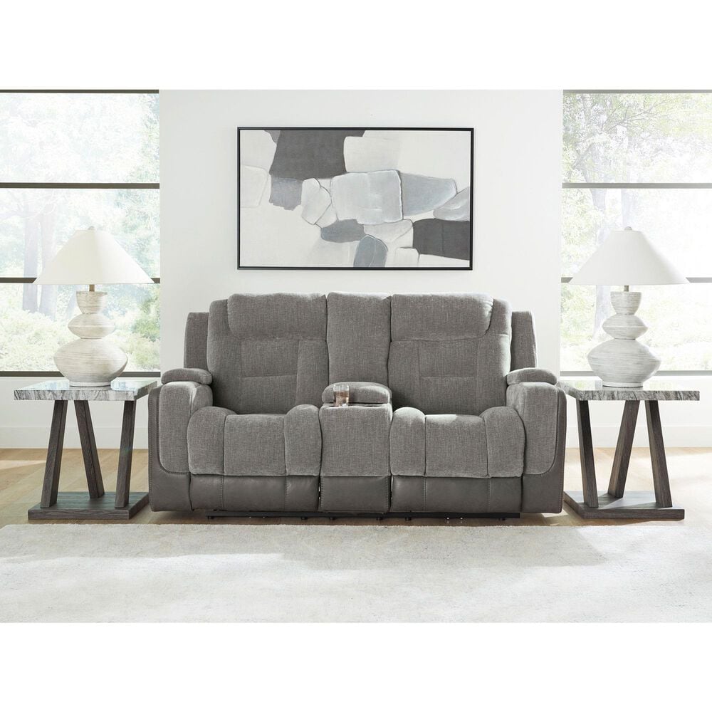 Ashley Mixed Motion Power Reclining Loveseat with Console in Shadow, , large