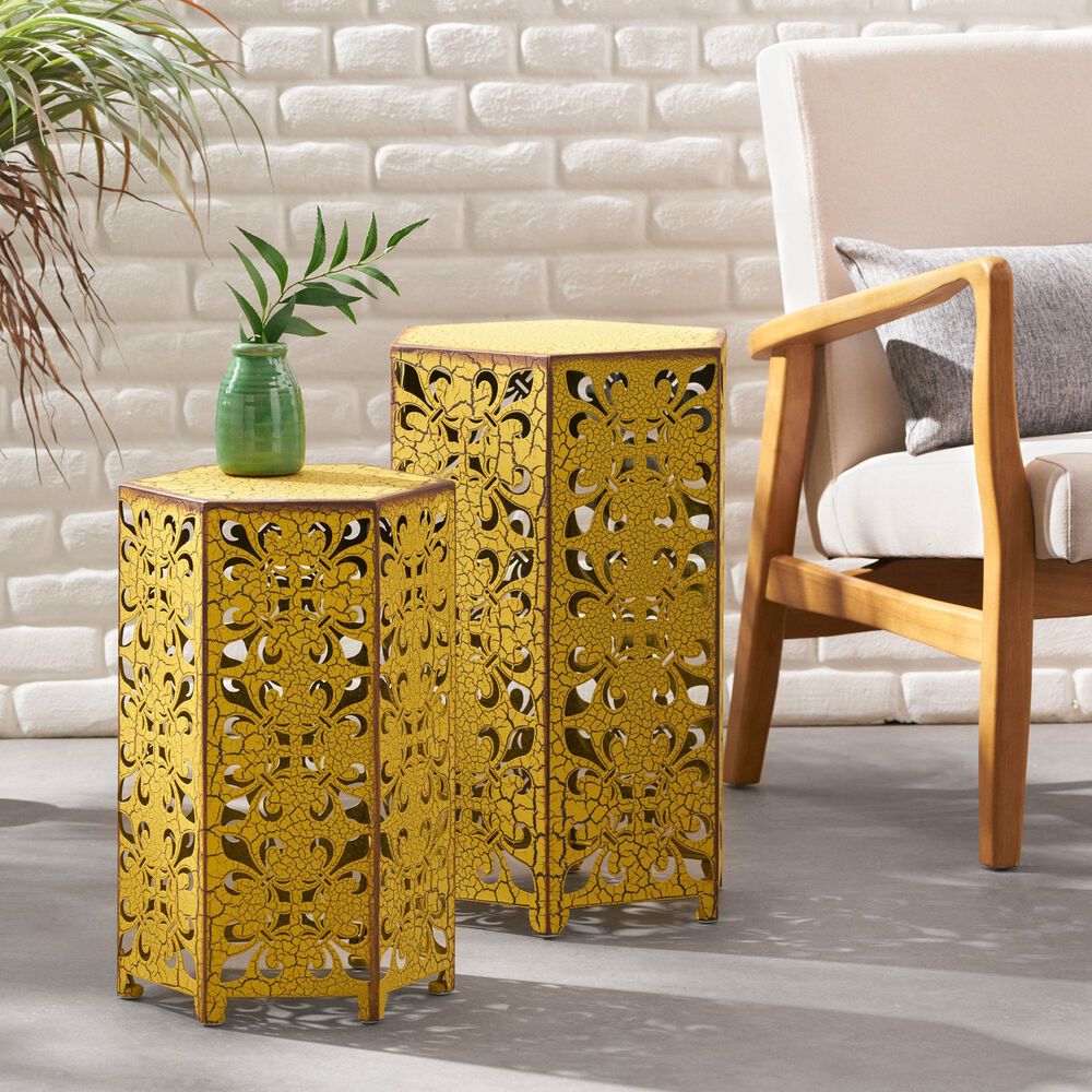 Hearth and Haven Selva Patio Accent Table in Antique Yellow &#40;Set of 2&#41;, , large
