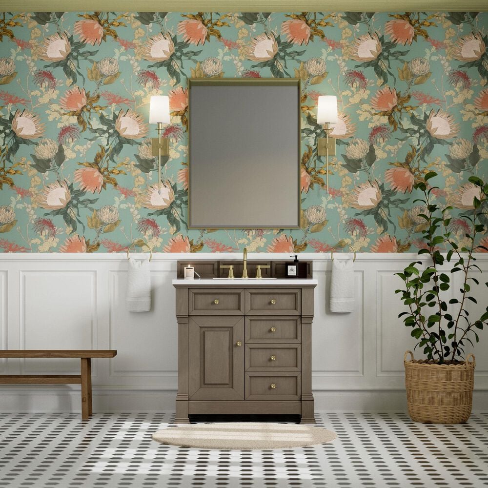 James Martin Vanities Brookfield 36&quot; Single Bathroom Vanity in Pecan with 3 cm White Zeus Quartz Top and Rectangular Sink, , large