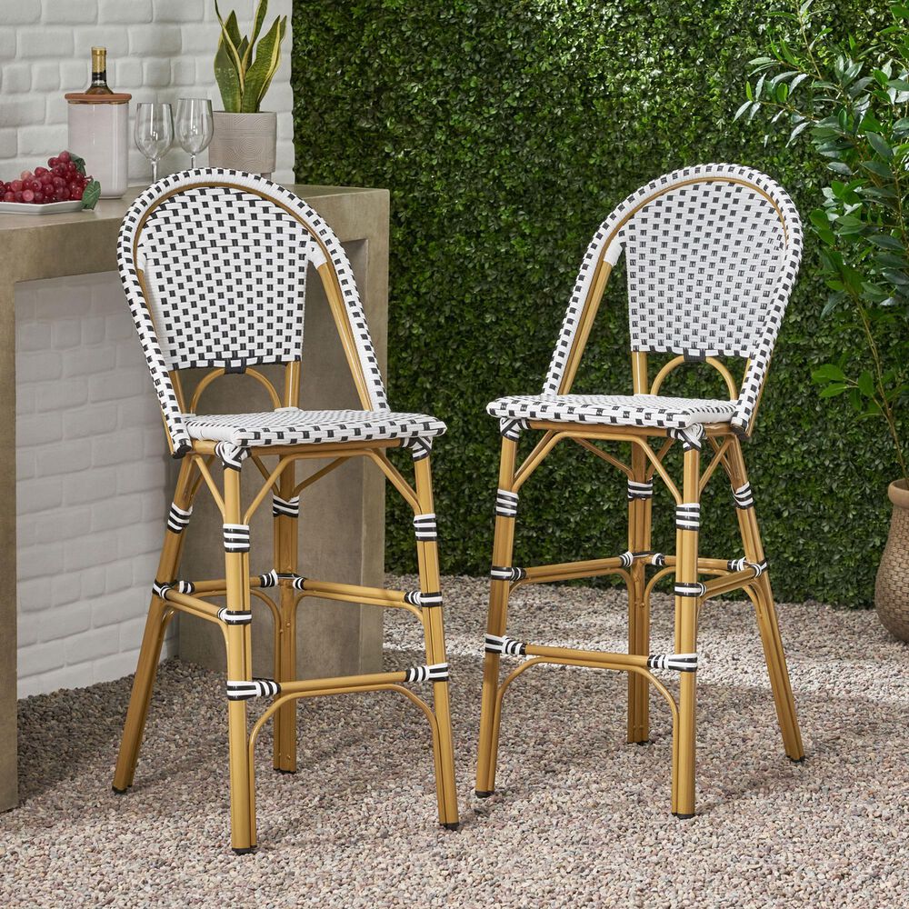 Hearth and Haven Outdoor Wicker French Barstool with Brown Aluminum Frame in White (Set of 2), , large