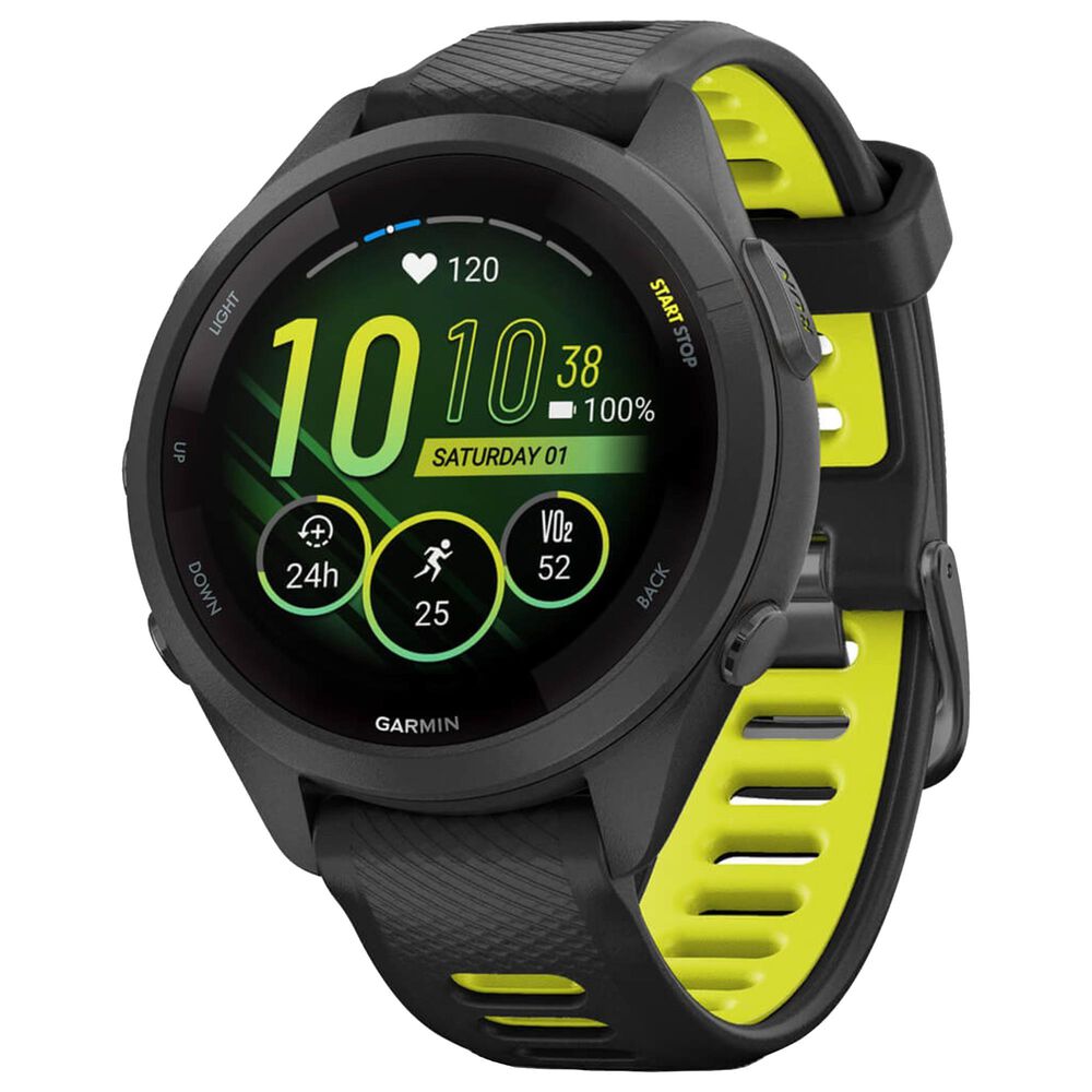 Garmin Forerunner 265S Smartwatch 42mm Black Bezel Case with Black and Amp Yellow Silicone Band, , large