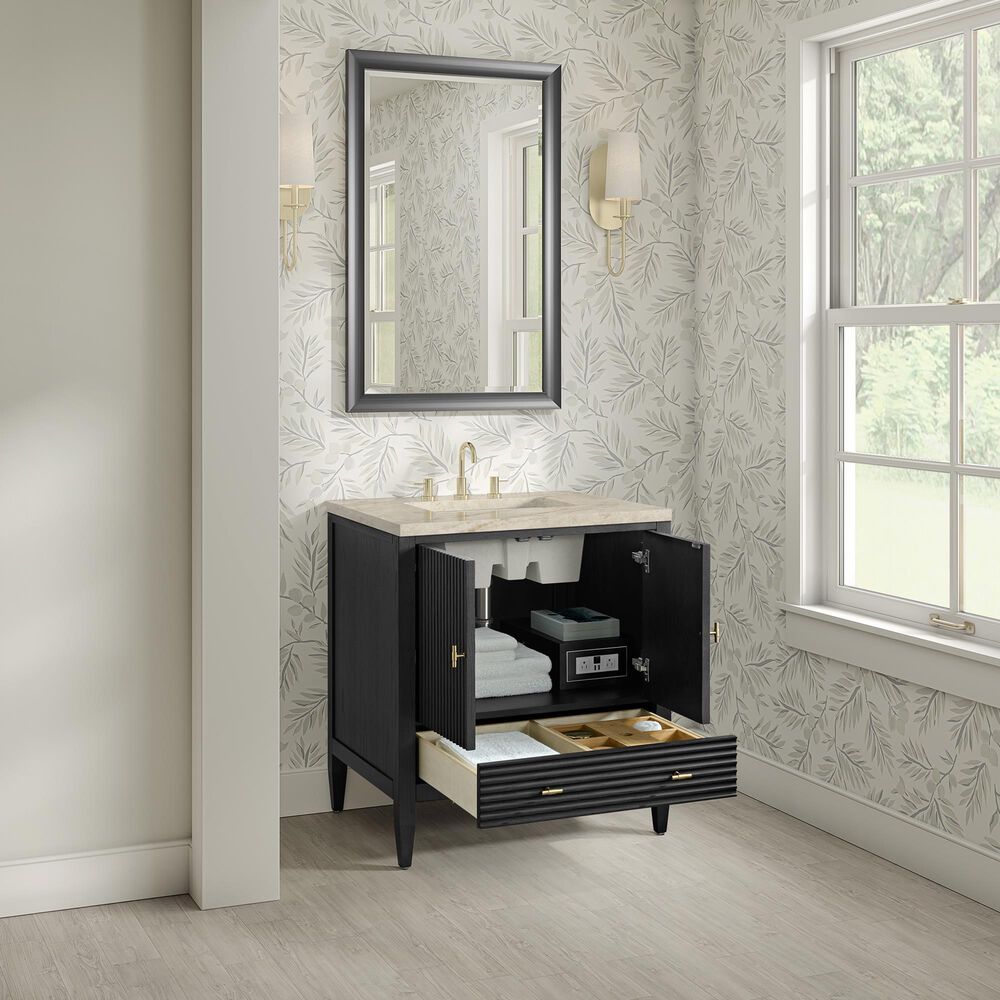 James Martin Myrrin 30" Single Bathroom Vanity in Carbon Oak with 3 cm Tajnar Eclos Top and Rectangular Sink, , large