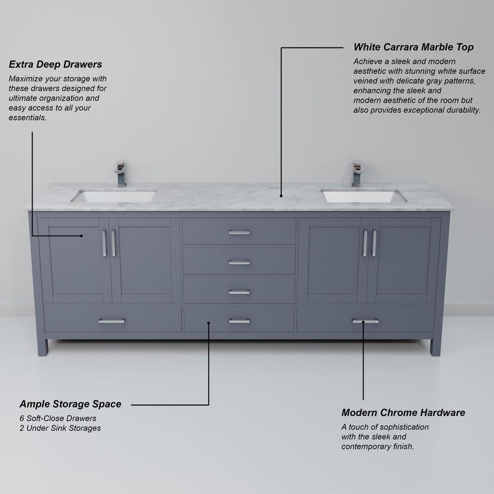 Lexora Home Jacques 80" Double Bathroom Vanity in Dark Grey with 2 cm White Carrara Marble Top and Rectangular Sinks, , large
