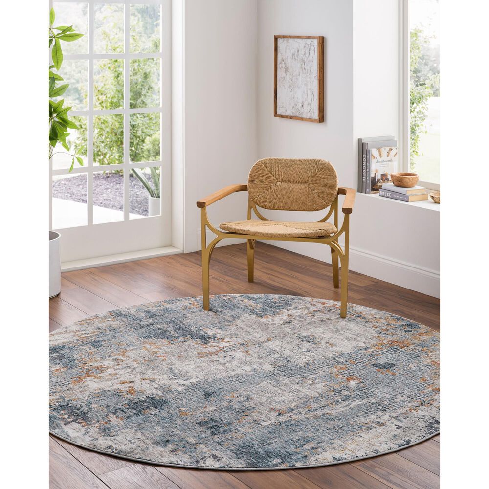 Surya Cardiff CDF-2305 Medium Gray, Light Blue, Mustard, Dark Blue, Dusty Pink and Rust 7&#39;10&quot; Round Area Rug, , large