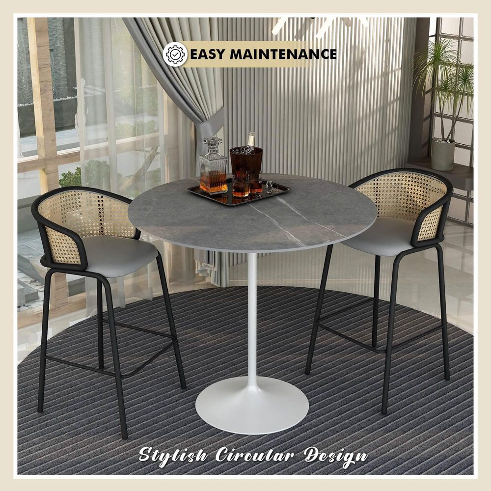 Leisuremod LeisureMod Verve Collection Modern Bar Height Table White Base with 48 Round Marble Grey Sintered Stone Top, , large