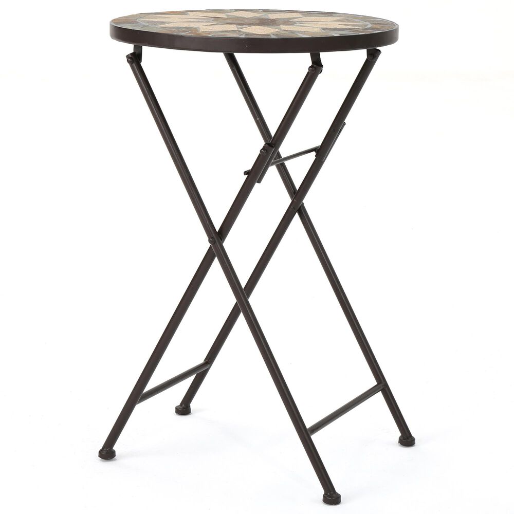 Hearth and Haven Silvester Outdoor Round Folding End Table in Beige and Black, , large