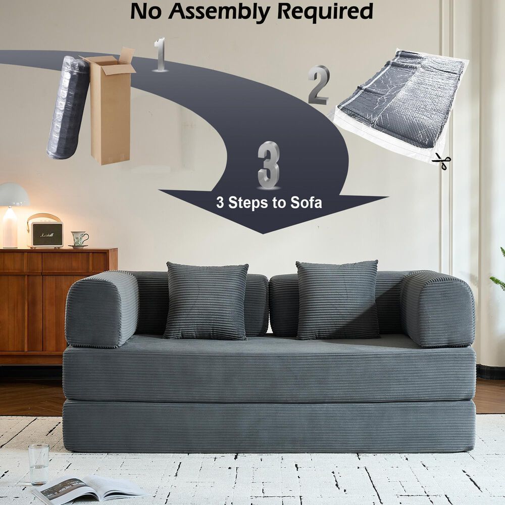 GigaCloud Corduroy Convertible Sleeper Sofa with Cylindrical Pillow in Gray, , large