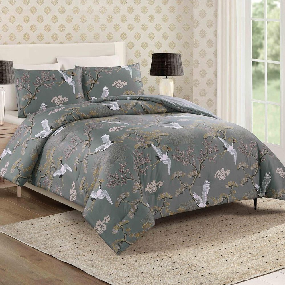 Peking Handicraft Cranes 3-Piece King Comforter Set in Gray, , large