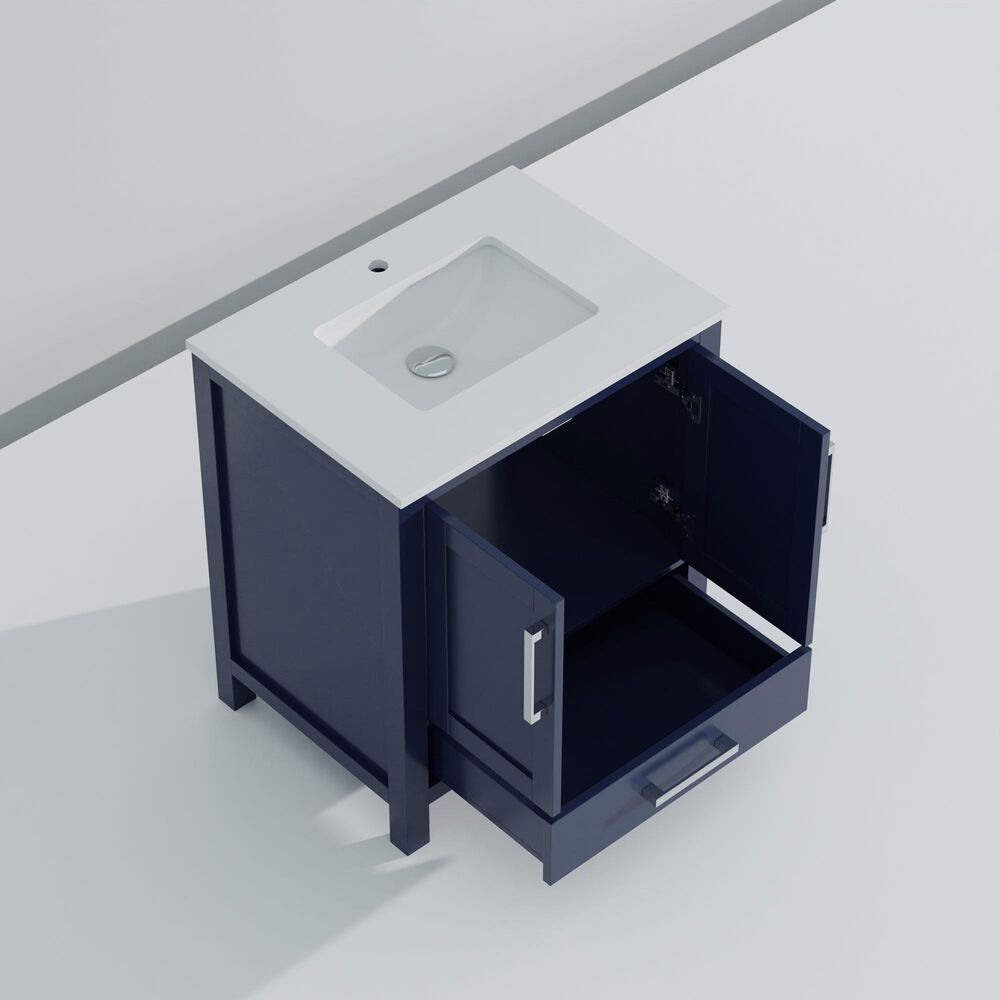 Lexora Home Jacques 30&quot; Single Bathroom Vanity in Navy Blue with 2 cm White Quartz Top and Rectangular Sink, , large