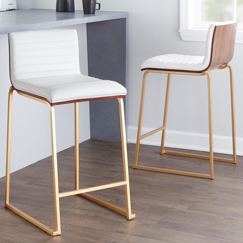 Lumisource Mason 26&quot; Counter Stool with White Cushion in Gold and Walnut &#40;Set of 2&#41;, , large