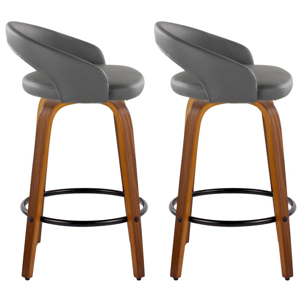 LumiSource Grotto Swivel Counter Stool with Grey Faux Leather Upholstery in Walnut Wood and Black (Set of 2), , large