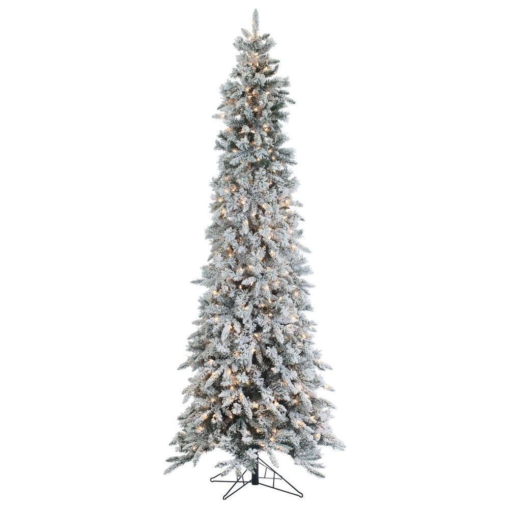 The Gerson Company 9" Pre-Lit Artificial Narrowed Flocked Pencil Pine with White Lights in Green, , large