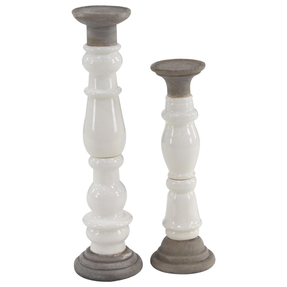 Maple and Jade Country Stoneware Candle Holder in White and Gray (Set of 2), , large