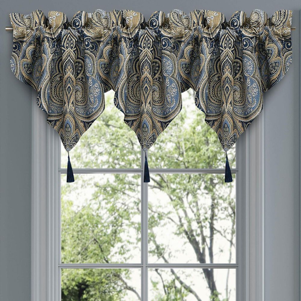 J. Queen New York Messina 40&quot; x 21&quot; Window Ascot Valance in Navy Blue and Gold, , large