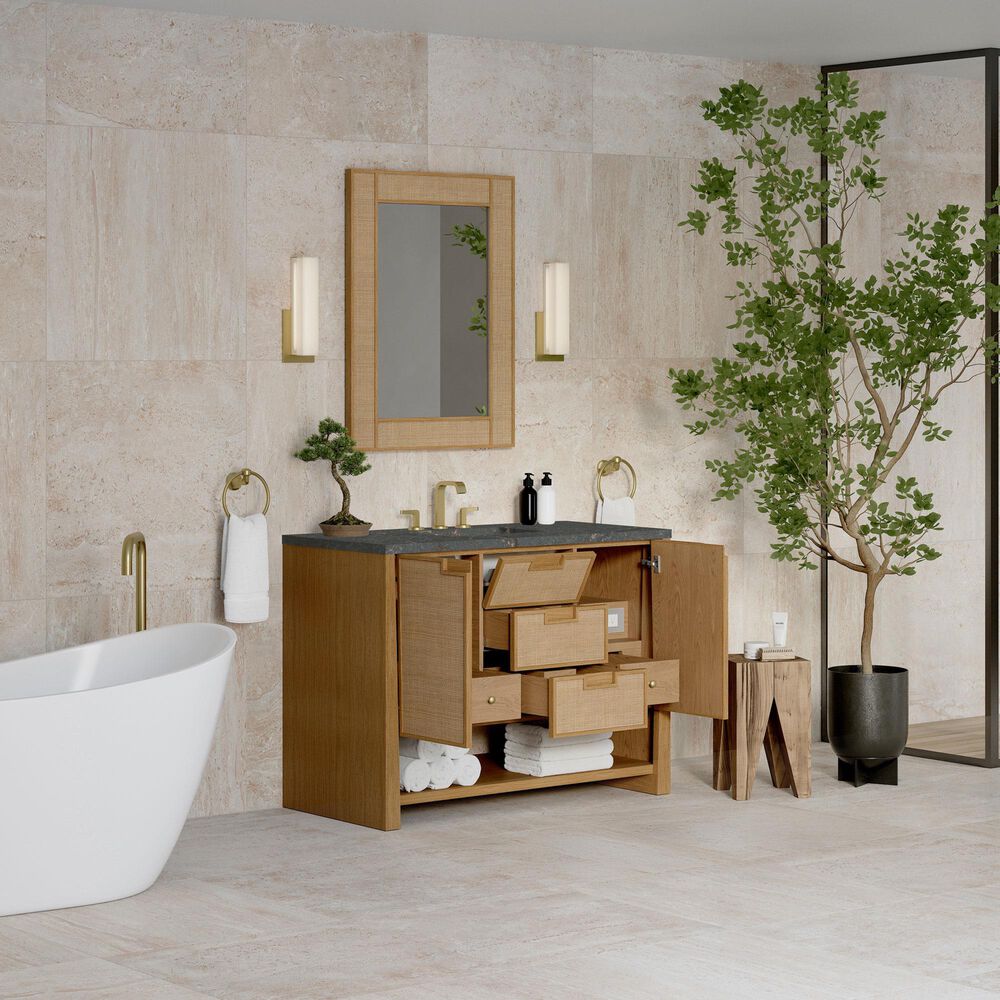 James Martin Vanities Solene 48" Single Bathroom Vanity in Seaside Oak with 3 cm Parisien Bleu Quartz Top, Rectangular Sink and FreePower Wireless Charger, , large