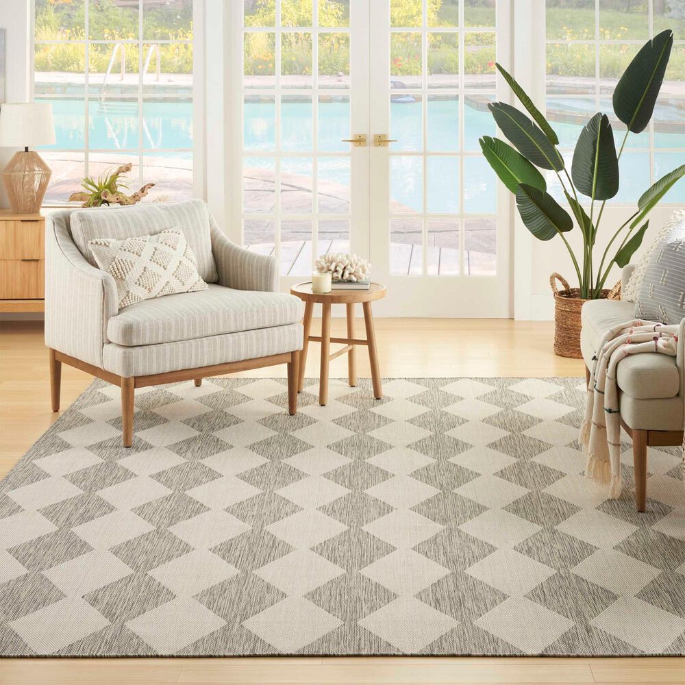Nourison Positano Geometric Light Grey 5&#39; x 7&#39; Indoor/Outdoor Area Rug, , large