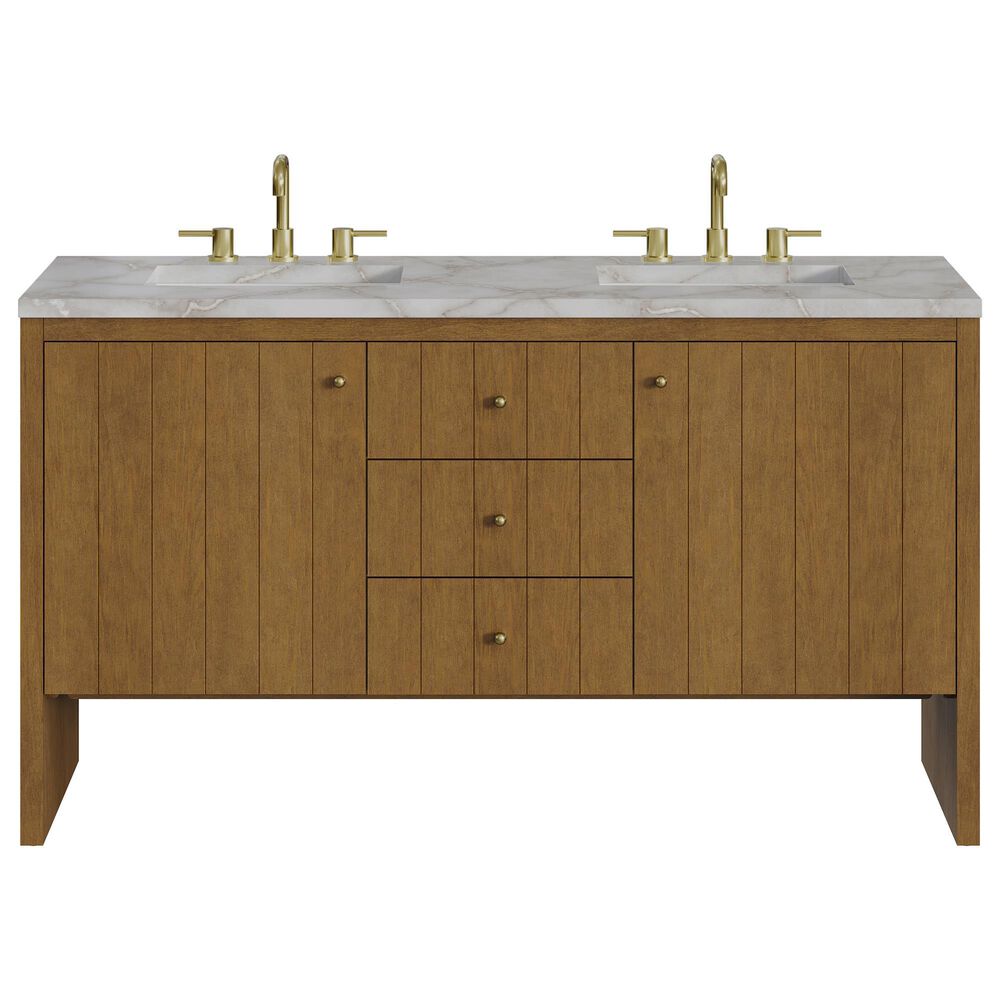James Martin Hudson 60" Double Bathroom Vanity in Honey Oak with 3 cm Victorian Silver Silestone Top and Rectangular Sinks, , large