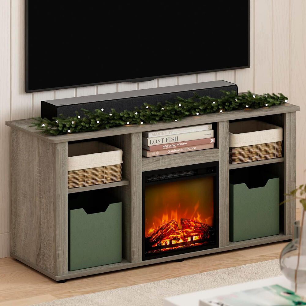 HOMLUX 47" Rectangular TV Stand with Electric Fireplace in French Oak Grey, , large