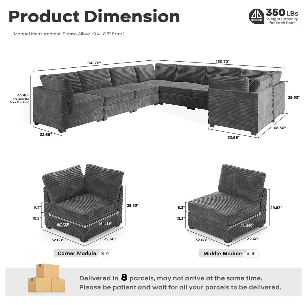 HOMLUX 8-Piece Oversized U-Sectional in Gray, , large