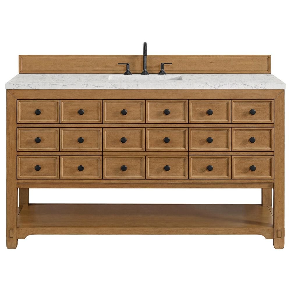 James Martin Malibu 60" Single Bathroom Vanity in Amber Birch with 3 cm Eternal Jasmine Pearl Quartz Top and Rectangular Sink, , large