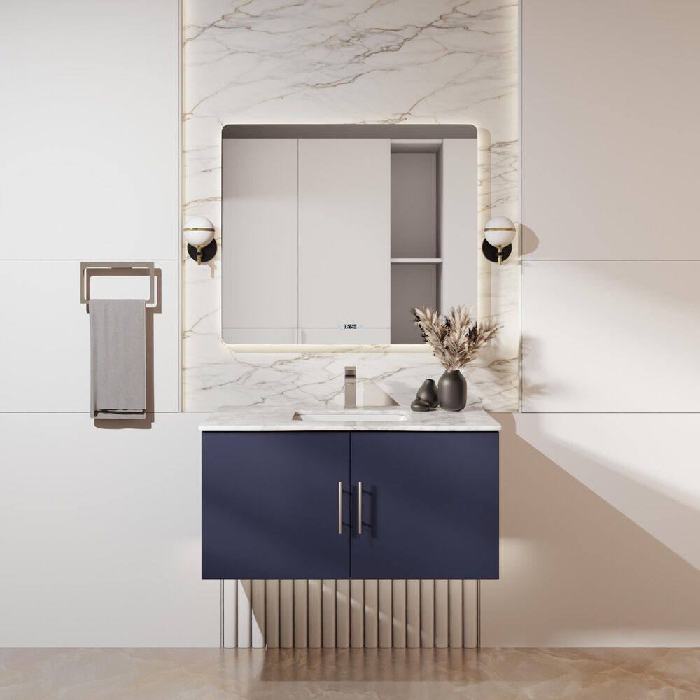 Lexora Home Geneva 36" Single Bathroom Vanity in Navy Blue with 2 cm White Carrara Marble Top and Rectangular Sink, , large