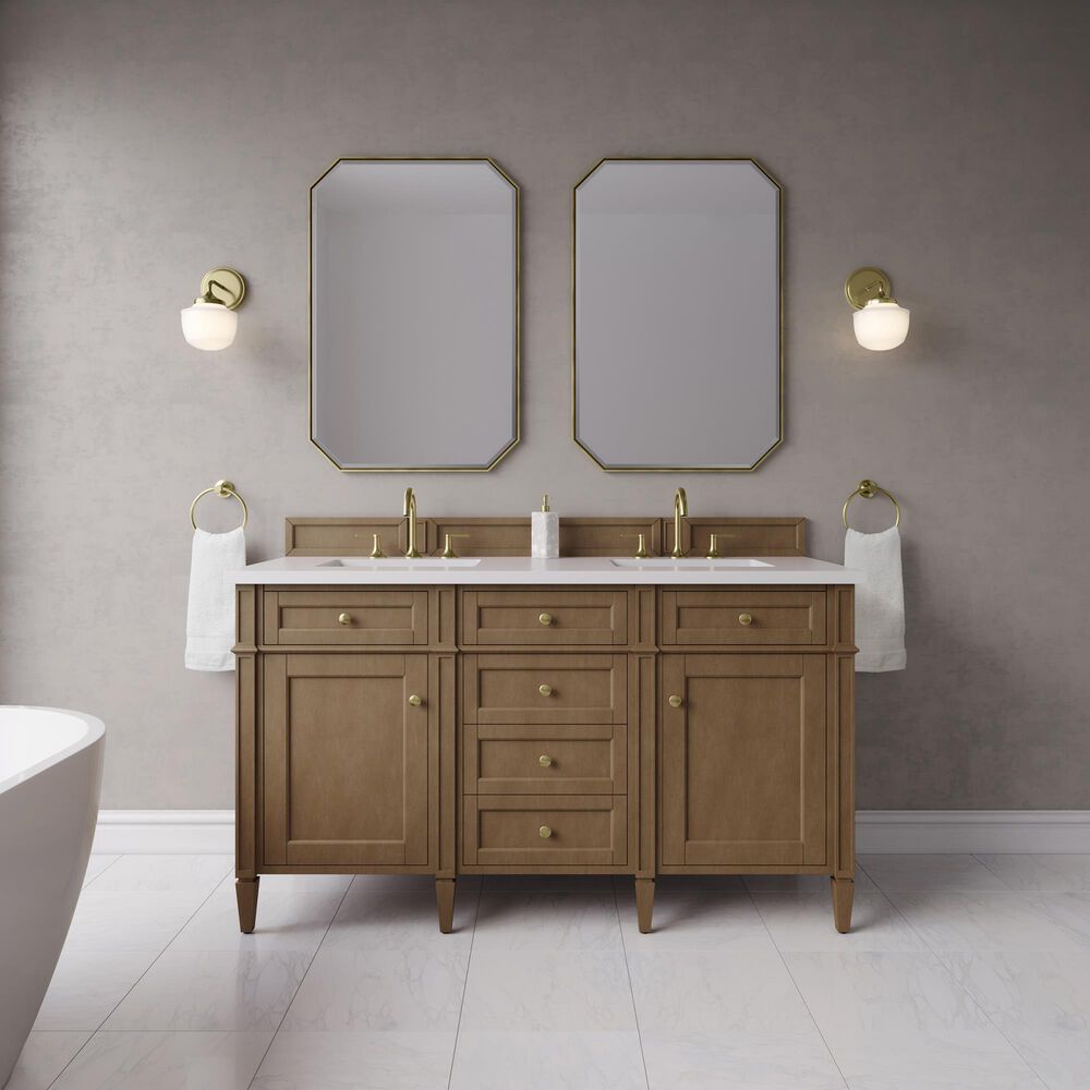 James Martin Brittany 60" Double Bathroom Vanity in Pecan with 3 cm White Zeus Silestone Top and Rectangular Sinks, , large
