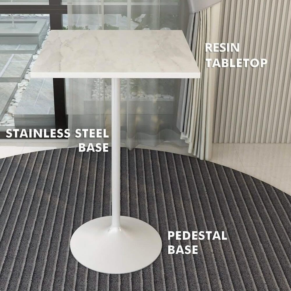 Leisuremod LeisureMod Verve Collection Modern Bar Height Table White Base with 27 Square Marbleized White Laminated  Top, , large