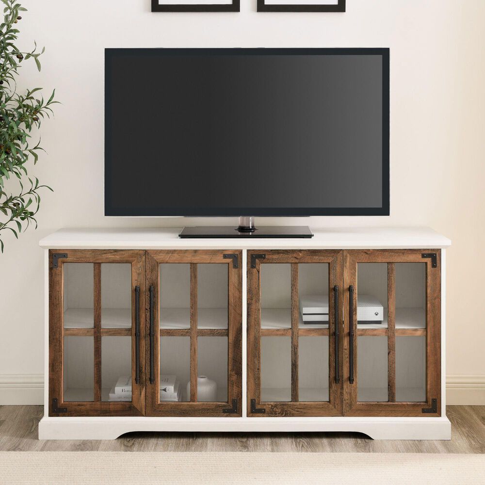 Walker Edison Abigail 58&quot; TV Stand in Brushed White/Rustic Oak, , large