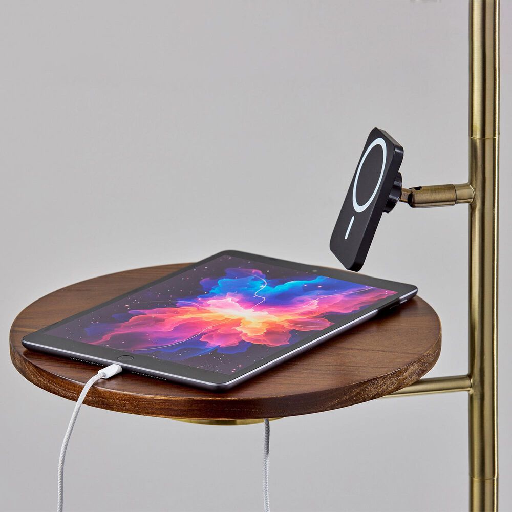 Adesso Wyatt Floor Lamp with Shelf and Wireless Charging in Antique Brass, , large