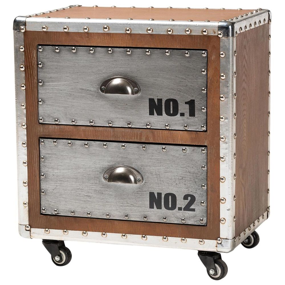 Baxton Studio Avere 2 Drawer Rolling Nightstand in Sliver/Golden Oak