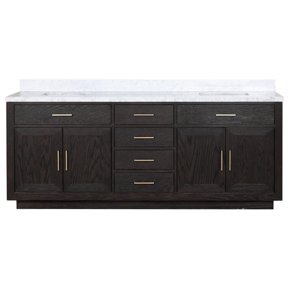 Lexora Home Abbey 84&quot; Double Bathroom Vanity in Black Oak with 2 cm White Carrara Marble Top and Rectangular Sinks, , large