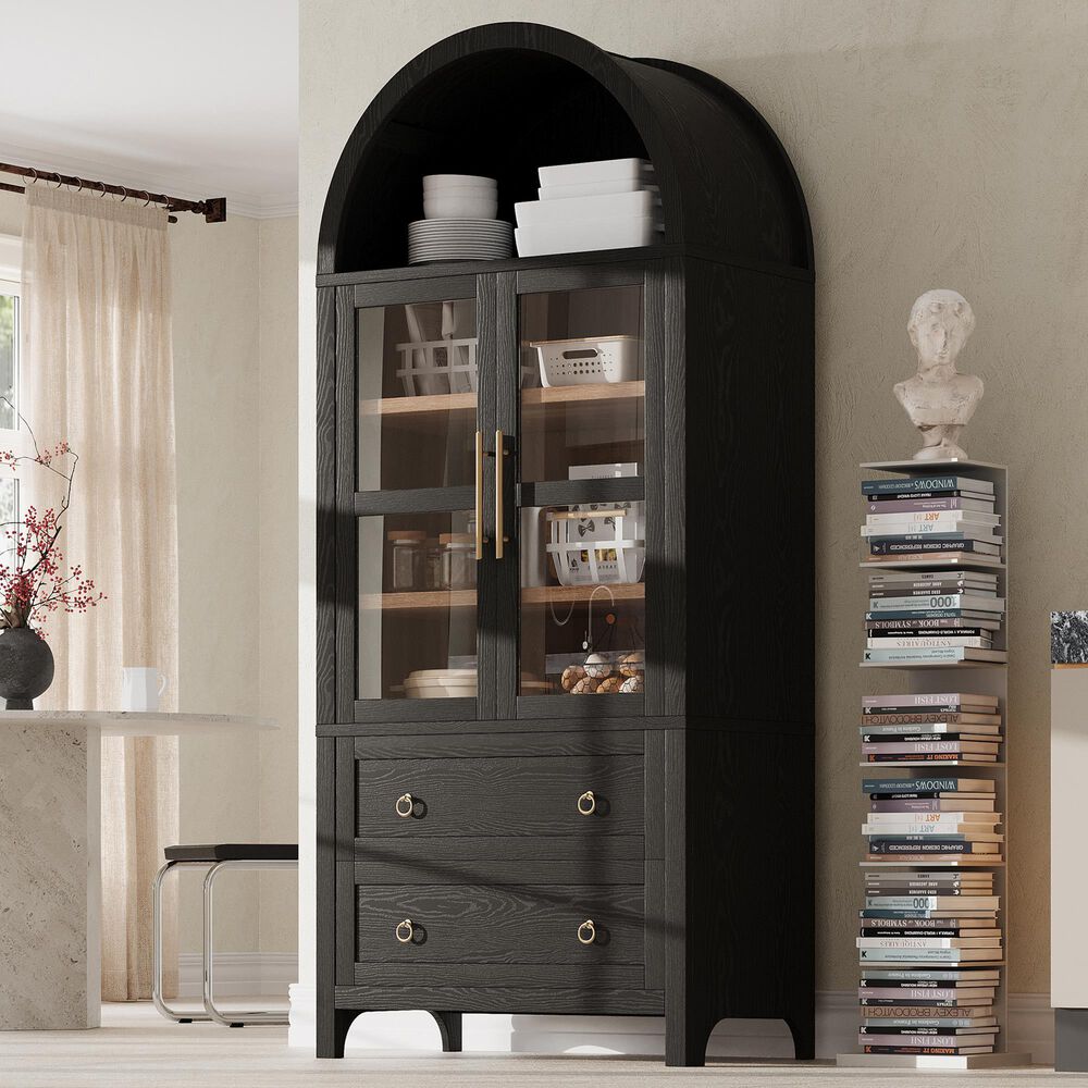 HOMLUX 71" Arched Kitchen Pantry Cabinet in Black, , large