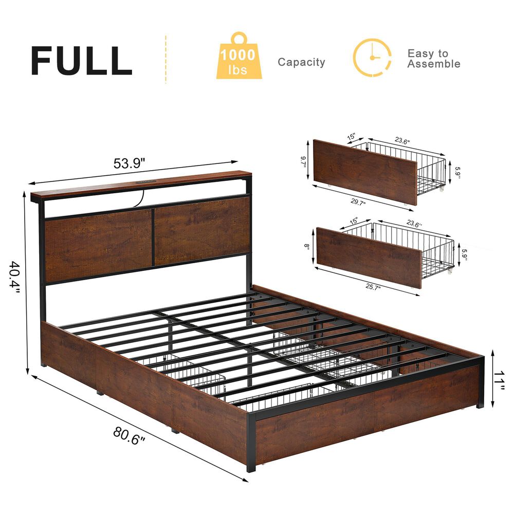 HOMLUX Full 4-Drawer Storage Bed with LED Headboard in Rustic Brown, , large