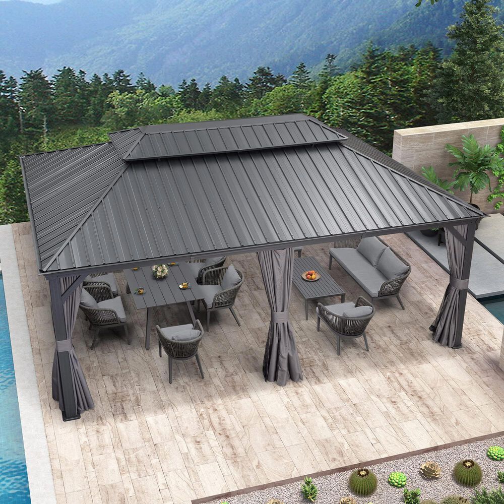 HOMLUX 20-ft x 12-ft Permanent Hardtop Gazebo in Grey with Hardtop Roof (Screen Included), , large