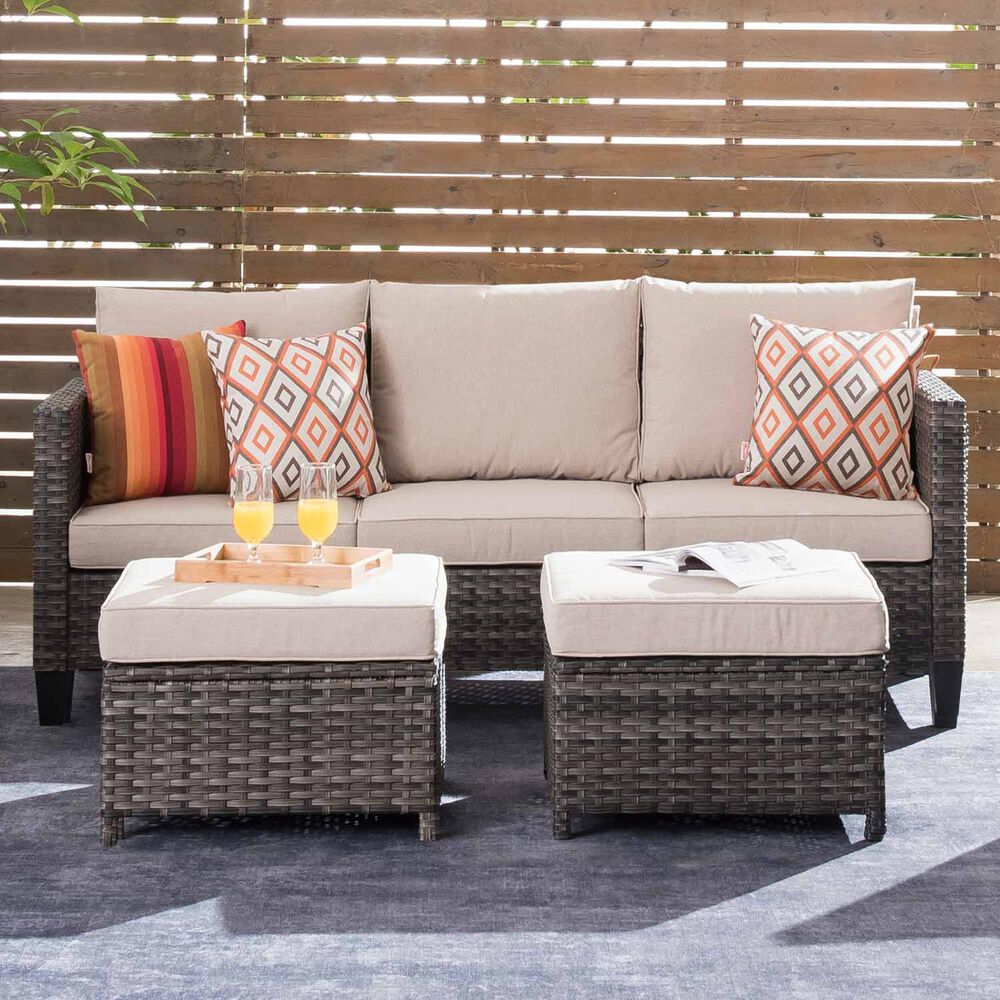HOMLUX 3-Piece 77" Patio Sofa and Ottoman Set in Beige, , large