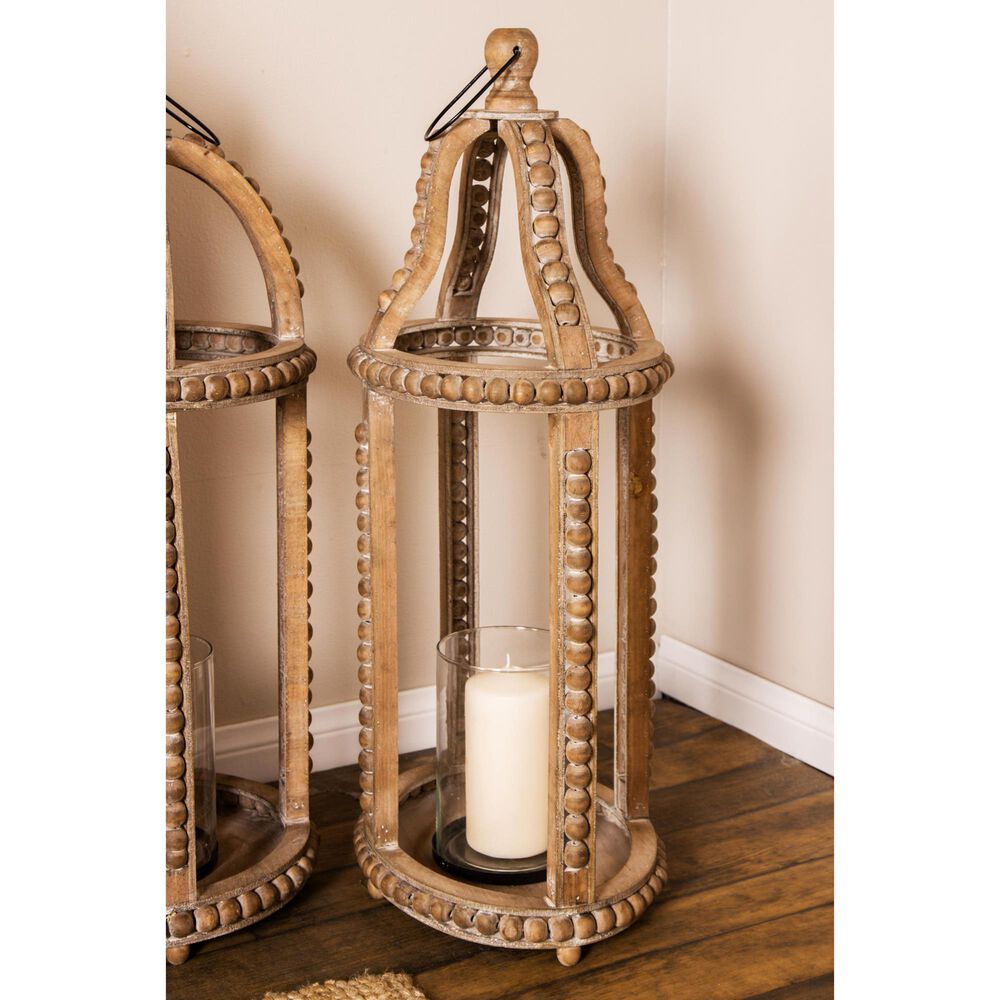 Maple and Jade Beaded Decorative Indoor/Outdoor Candle Lantern in Washed Brown and Clear, , large