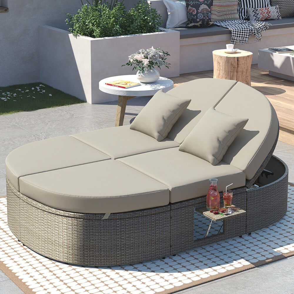 HOMLUX 2-Person Outdoor Daybed with Adjustable Backrests and Foldable Cup Trays in Gray, , large