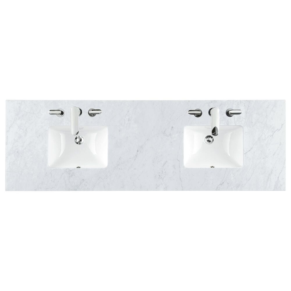 James Martin Vanities Solene 72&quot; Double Bathroom Vanity in Seaside Oak with 3 cm Carrara White Marble Top and Rectangular Sinks, , large