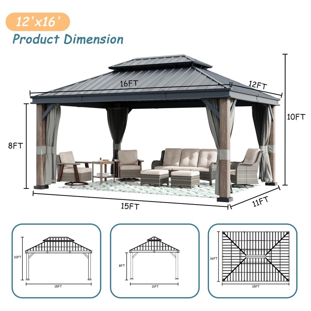 Sunwell Garden 12' x 16' Wood-Grain Hardtop Gazebo, , large