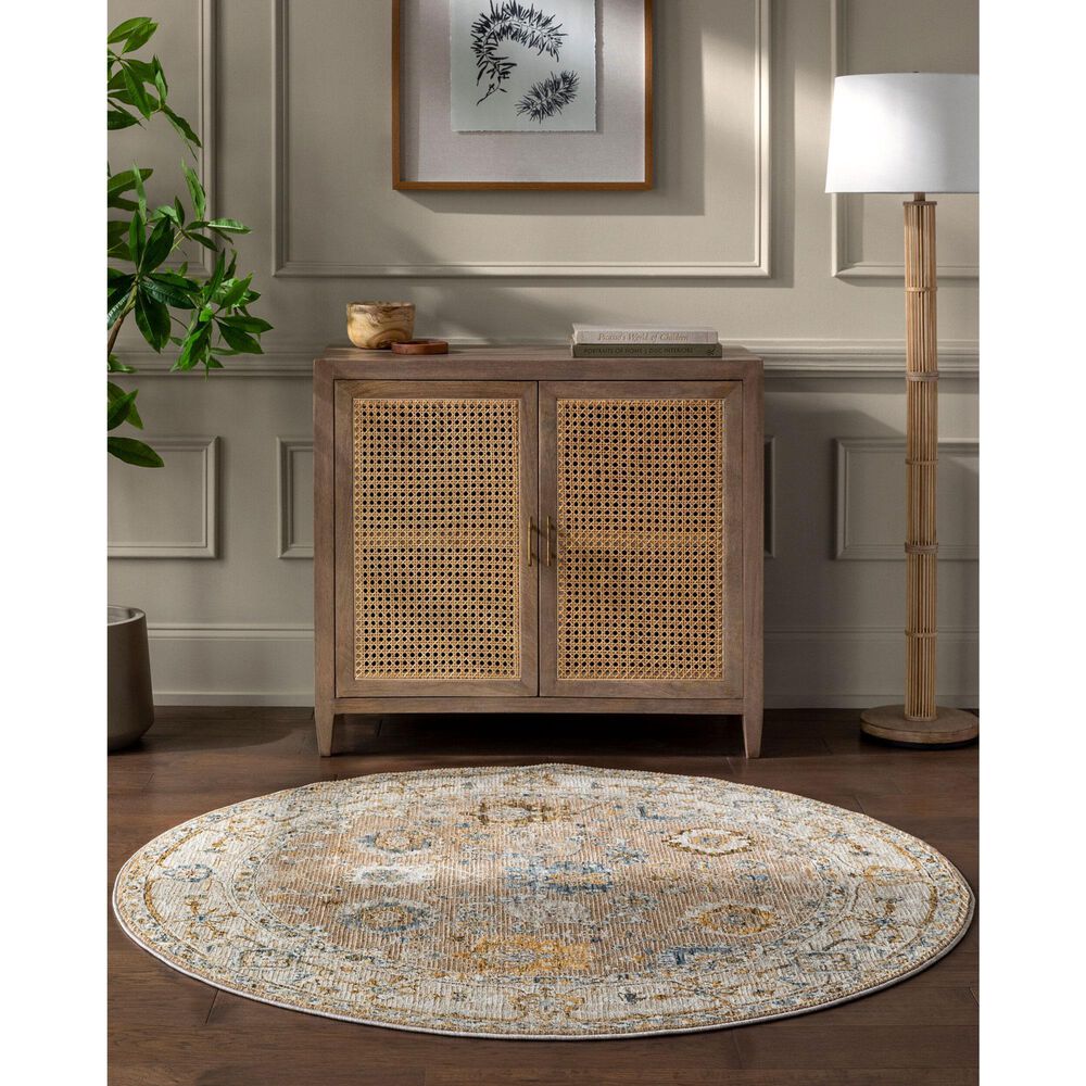 Surya Reina Tan, Light Brown, Light Gray, Cream, Denim, Mustard and Olive 7'10" Round Area Rug, , large