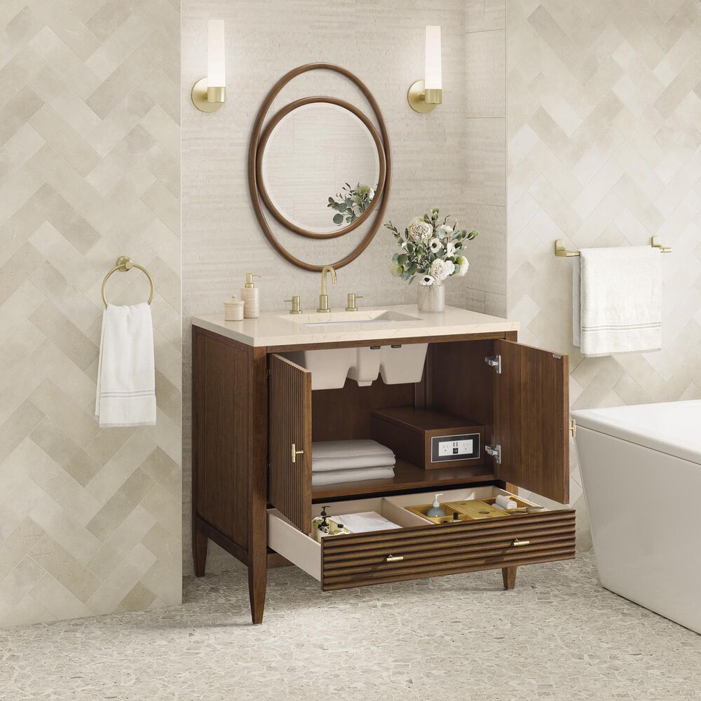 James Martin Vanities Myrrin 36&quot; Vanity in Mid-Century Walnut with 3 cm Eternal Marfil Quartz Top, , large
