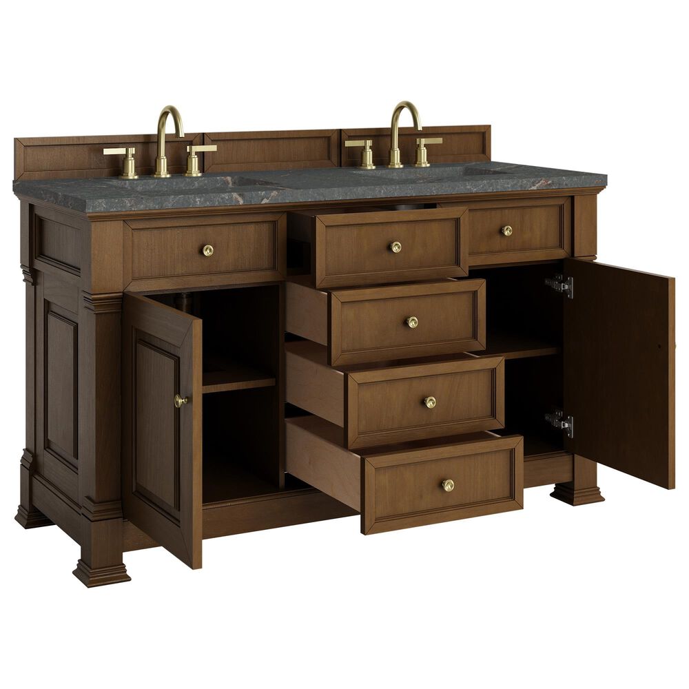 James Martin Vanities Brookfield 60&quot; Double Bathroom Vanity in Honey Oak with 3 cm Parisien Bleu Quartz Top and Rectangular Sinks, , large