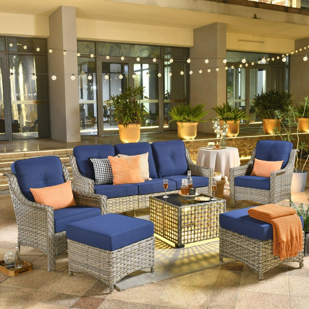 HOMLUX 5-Piece Patio Conversation Set with Two Ottomans in Navy Blue, , large