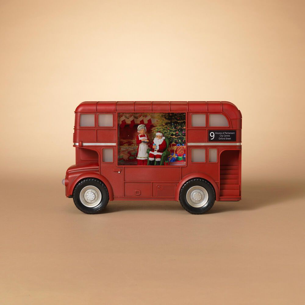 The Gerson Company 11.6&quot;L Battery-Operated Lighted Holiday Scene Spinning Water Globe Bus in Red, , large