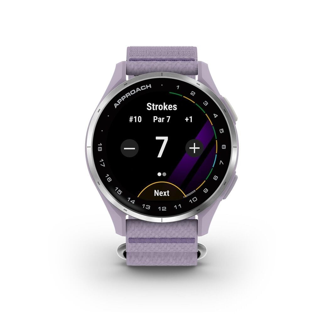 Garmin Approach J1 43mm Junior Golf GPS Smartwatch in Silver Aluminum Bezel with Lilac ComfortFit Fabric Band, , large