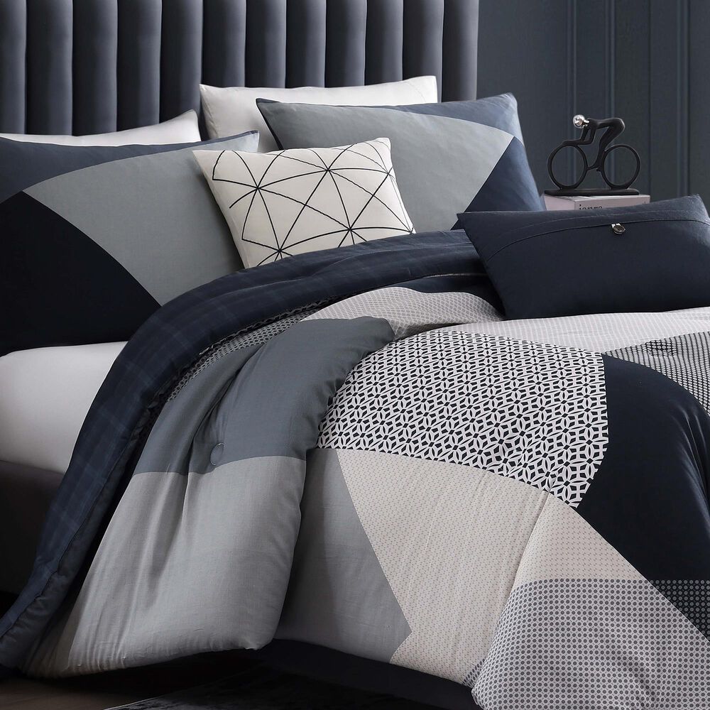 BEBEJAN Geo Fusion 5-Piece Queen Comforter Set in Navy, Grey and Ivory, , large