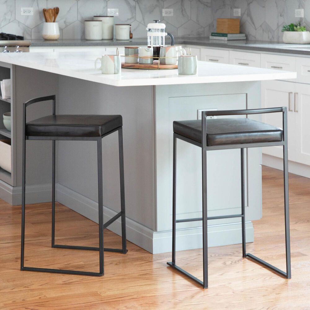 LumiSource Fuji Stackable Counter Stool with Black Faux Leather Cushion in Black &#40;Set of 2&#41;, , large